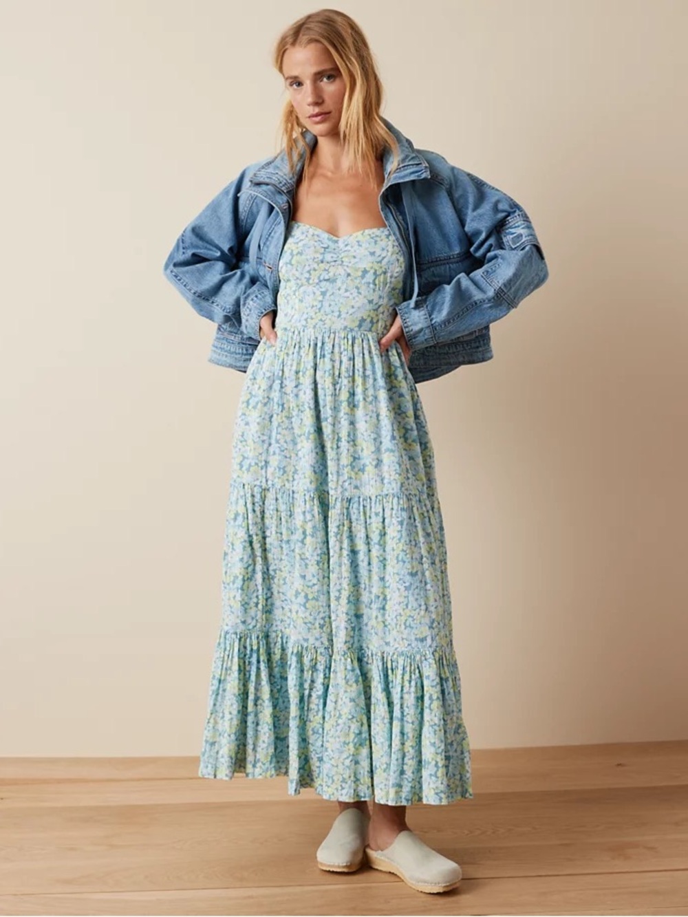 American Eagle Outfitters Pastel Blue Floral Tiered Maxi Dress